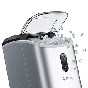 lot 3357 image: ecozy Nugget Ice Maker Countertop - Chewable Pellet Ice Cubes, 33 lbs Daily Output, Stainless Steel Housing, Self-Cleaning Ice Machine with Ice Bags for Parties, Kitchen, Bar, Office, Silver