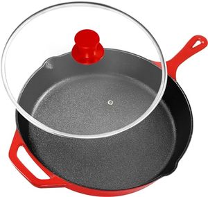 lot 3361 image: Utopia Kitchen 12 inch Pre-Seasoned Cast Iron Skillet With Lid - Frying Pan - Cast Iron Pan - Safe Grill Cookware for indoor & Outdoor Use, Red