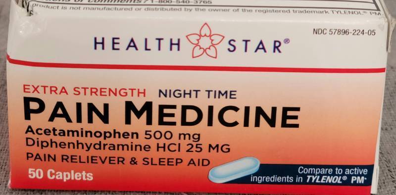 lot 500428 image: Health Star Extra Strength Night Time Pain Medicine Acetaminophen Caplets 50 Ct