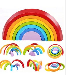 lot 170503 image: Lewo Wooden Rainbow Stacking Game Learning Toy Geometry Building Blocks Educational Toys for Kids Baby Toddlers (Rainbow)
