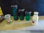 (5) ct. mixed lot glass canisters and milk jug bank