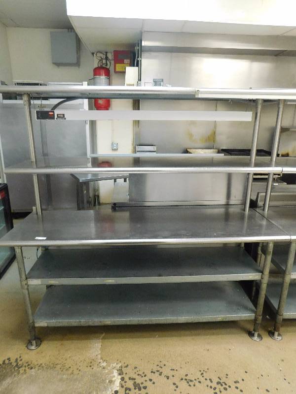 lot 282 image: 6 Foot Stainless Steel Table wDual Overshelves and Heat Strip