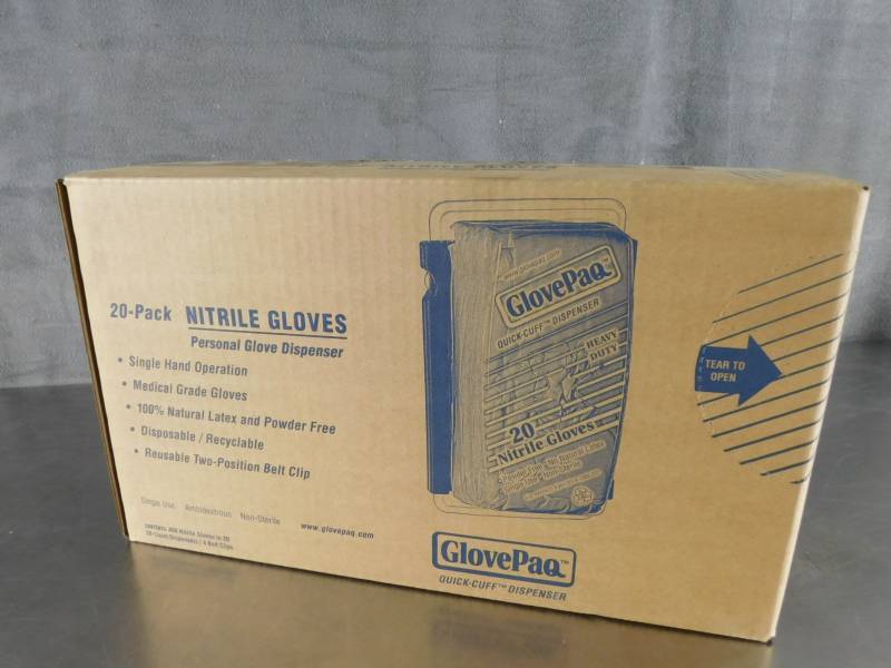 lot 5066 image: Case of GlovePaq Nitrile Gloves 20Pack-10ct Dispensers With 4 Belt Clips