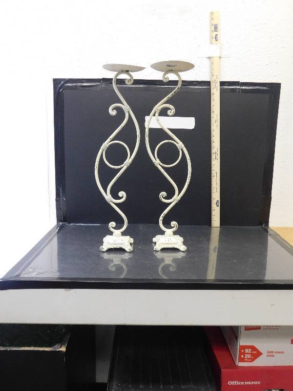 lot 9099 image: 25 Tall Matching Distressed Wrought Iron Candle Holders.