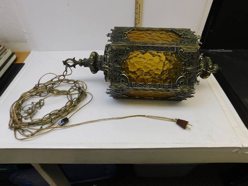 lot 8296 image: Ornate Gothic Metal and Topaz Turtleshell Inspired Glass, Chained Chandelier.