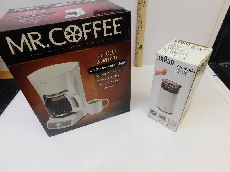 lot 8001 image: 12 Cup Mr. Coffee Drip Coffee Tea Maker.  Braun Aromatic Coffee Grinder. NEW IN BOXES