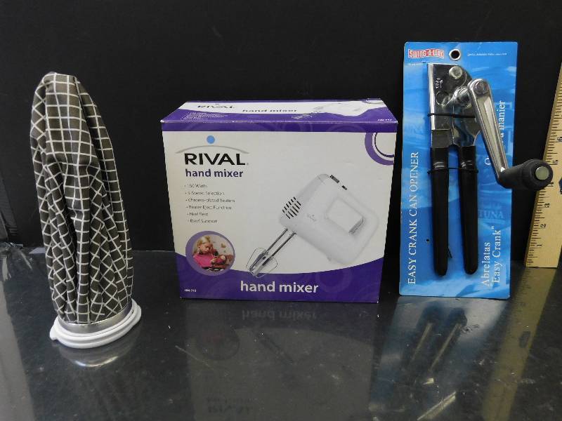lot 8006 image: Rival Brand Hand Mixer  Easy Crank Can Opener  Rubber Screw Cap Ice Pack.