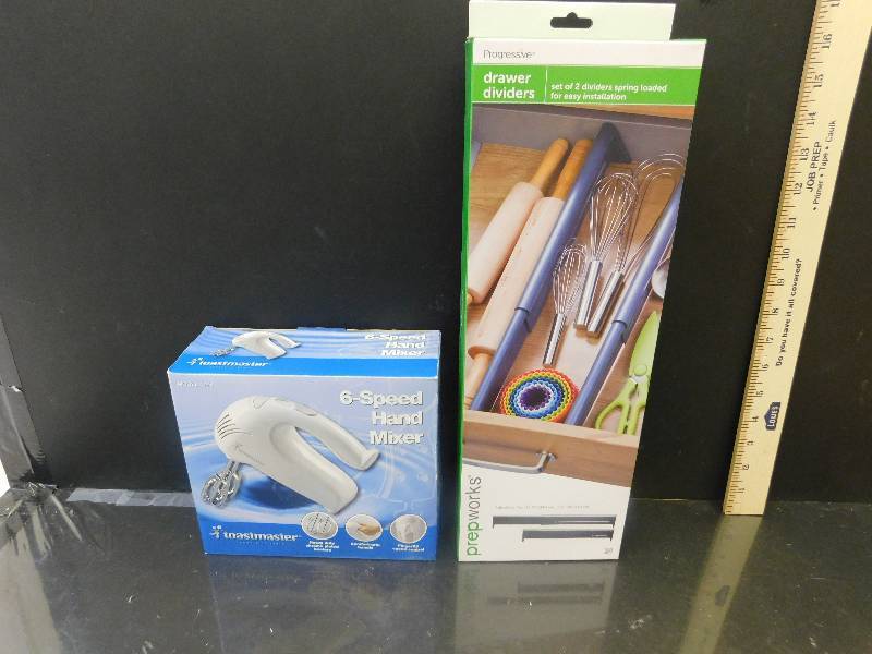 lot 8007 image: 6 Speed Hand Mixer New in Box  2 Spring Loaded Drawer Dividers New in Box.