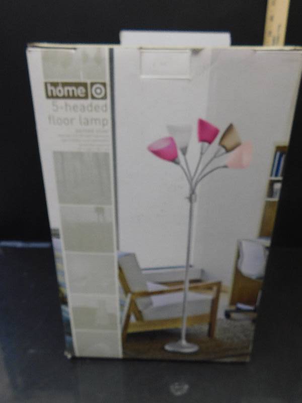 lot 8012 image: Home Brand 5 Glass Headed Standing Floor Lamp. NEW IN BOX