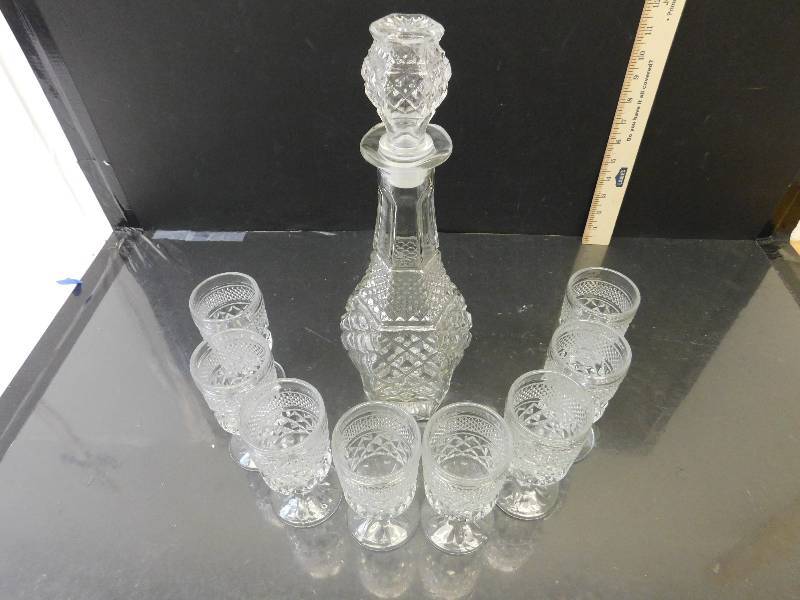 lot 8021 image: 14 Tall American Brilliance Decanter w 8 Matching Glass Goblets
