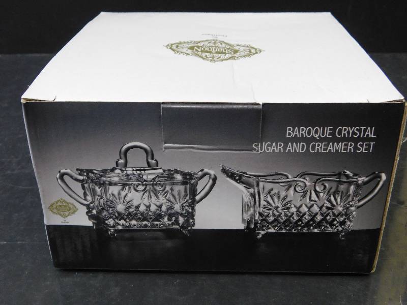 lot 8022 image: Shannon Crystal Glass Baroque Cream and Sugar Set.