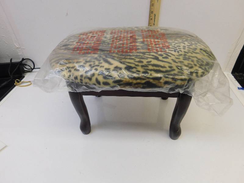 lot 8031 image: Leopard Printed Cloth Covered Hardwood Storage Stool.