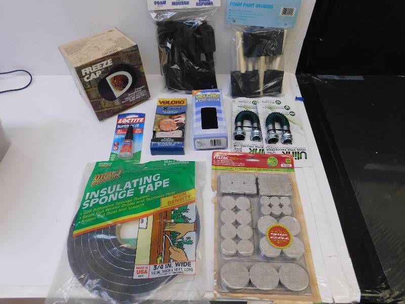 lot 8035 image: Assorted Box of Household Utility. Brushes, Velcro, Glue, Freeze Caps and More.