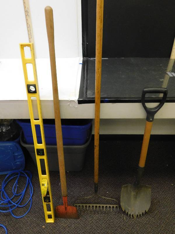 lot 8041 image: 48 Liquid Level, Toothed Shovel, Metal Rake, Flat Hoe or Scrapper.
