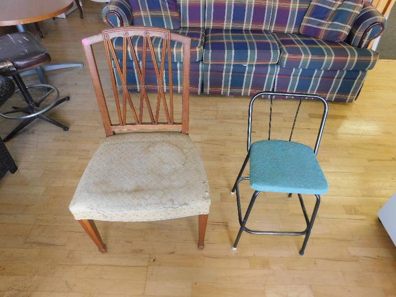 lot 8059 image: Two Vintage Chairs. Standard Sized and Smaller Metal One.