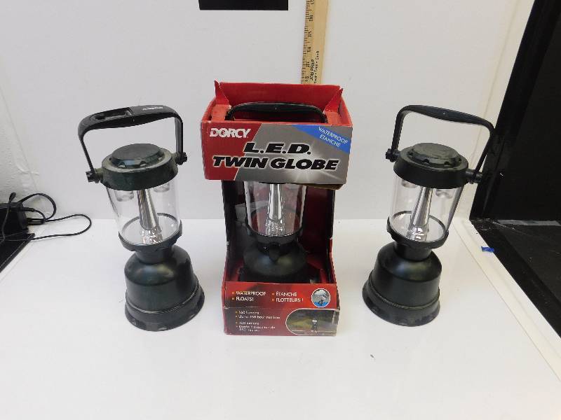 lot 8054 image: 3 Dorcy LED Twin Globe Lanterns.