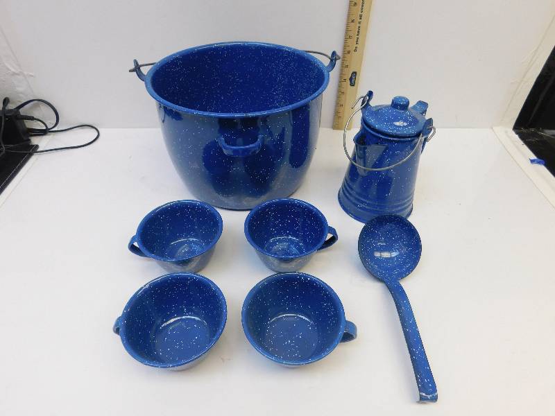 lot 8074 image: Replica Vintage Enamelware.  Handled Soup Pot wLarge Spoon & 4 Bowls.  Coffee Pot.