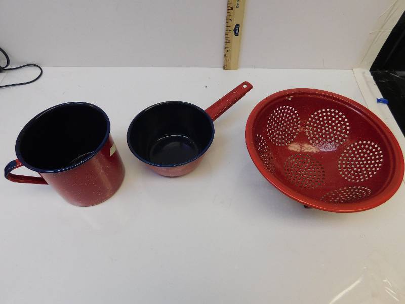 lot 8075 image: Replica Vintage Enamelware.  Handled Pot, Large Water Boiler & Water Strainer.