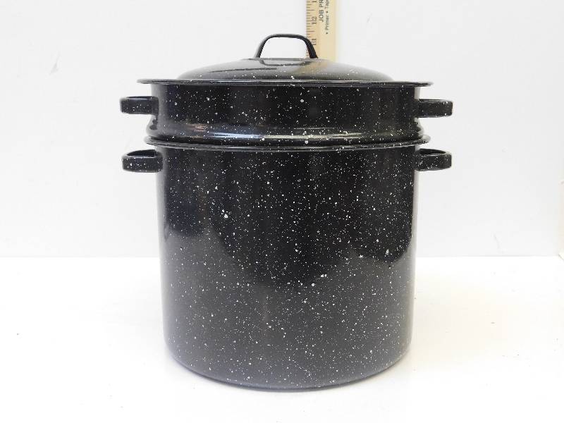 lot 8082 image: Vintage Enamelware.  Multi-Purpose 2 tier Pot. Steam and Cook Food at once.