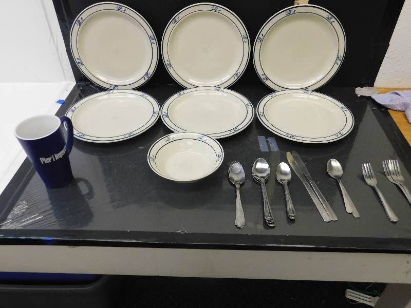 lot 8107 image: 4 Brickover Brand Dinner Plates. Pier 1 Imports Tall Mug and Matching Bowl.