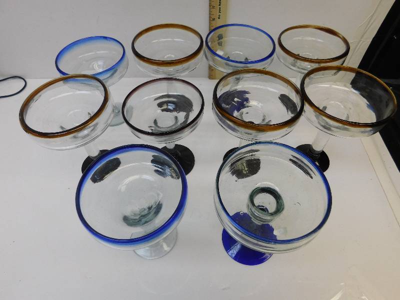 lot 8110 image: 10 Misc but Matching Cocktail Glasses with Handled Wicker Basket.