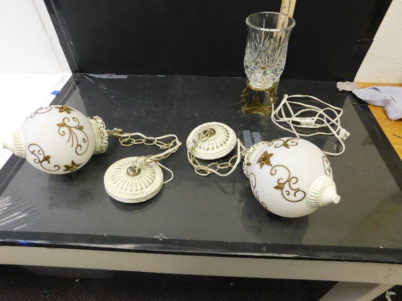lot 8115 image: Antique and Decorative Hand Painted Hanging Lights.  Stand Alone Crystal Glass Lamp.