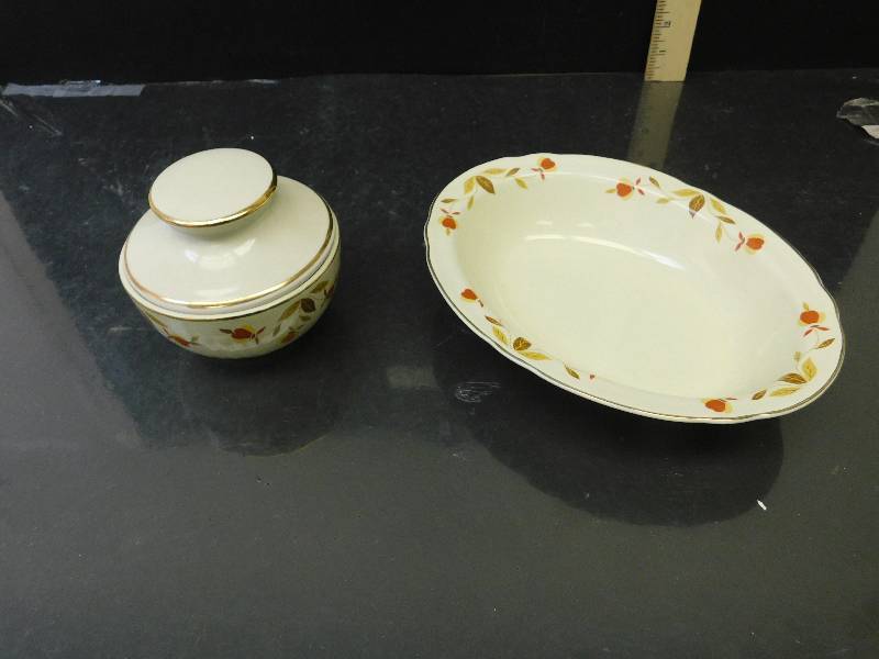 lot 8141 image: HALLs Superior Quality Kitchenware.  Oval Bowl and Lidded Sugar Bowl.