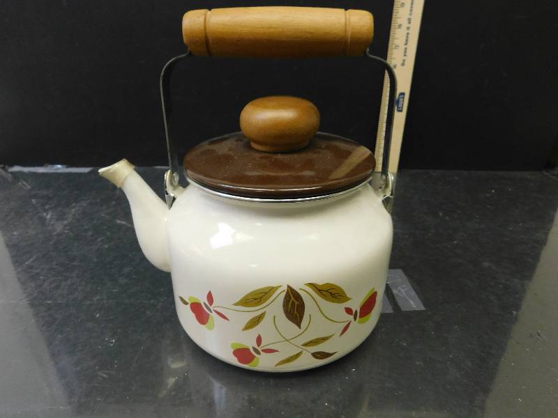 lot 8175 image: Wood handled Enamle and Metallic Tea  coffee Pot.