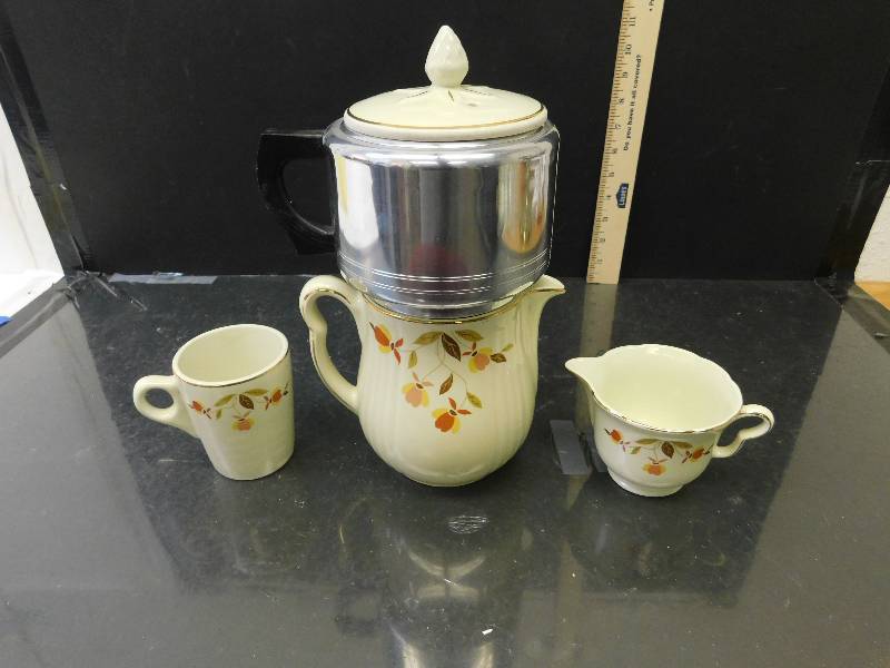 lot 8179 image: HALLs Superior Quality Kitchenware.  Coffee Brewer and Server.  Cream Cup  Coffee Cup.