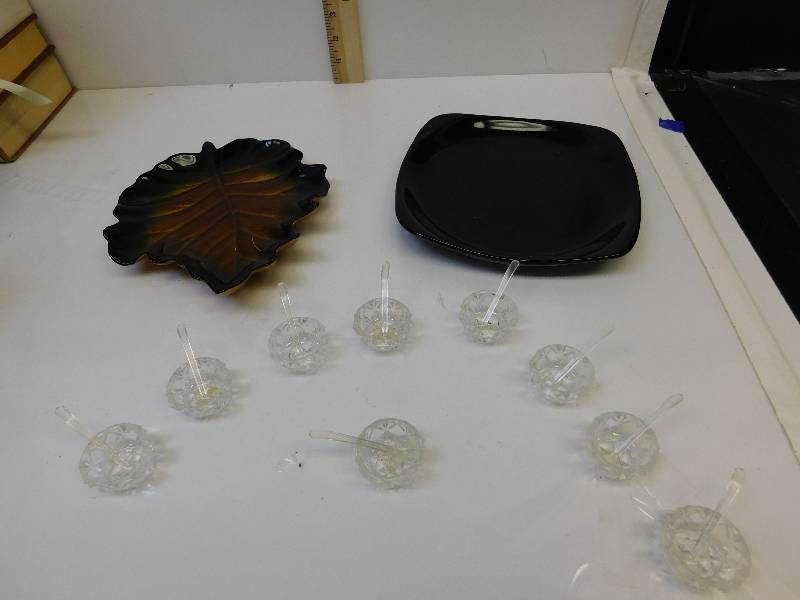 lot 8248 image: 9 Crystal Glass Mini Salt Bowls w Individual Spoons. Two Glass Plates.