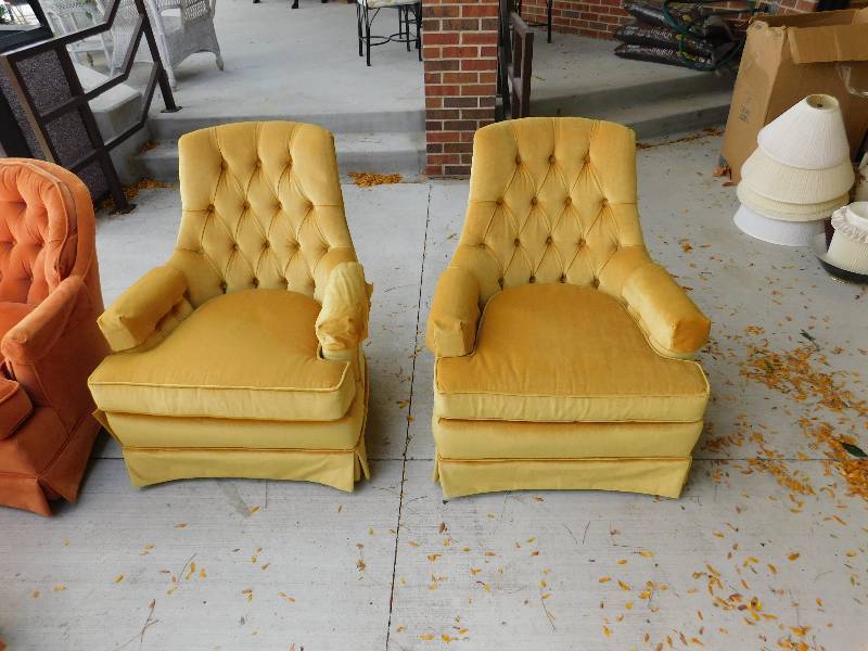 lot 8256 image: Matching Vintage Wittenburg Co. Polyester Suede Canary Yellow Fabric Arm Chairs.