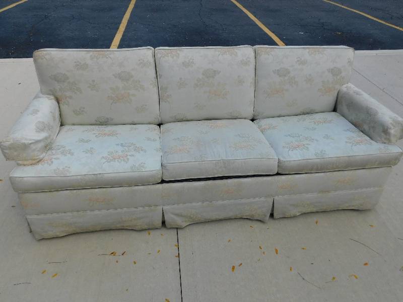 lot 8270 image: Square Armed Traditional Mild Silk Inspired Fabric Three Person Couch.