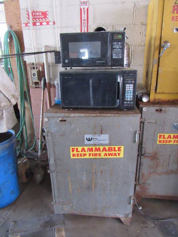 lot 4643 image: Fire Proof Cabinet With Pair of Microwaves