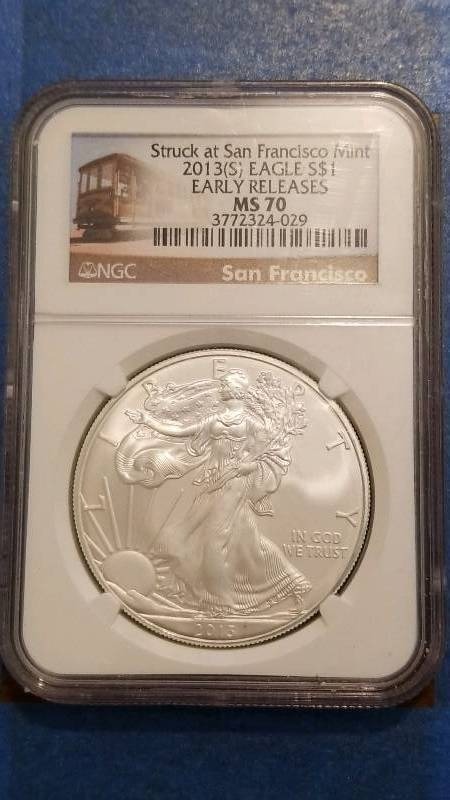 lot 66 image: 2013(W) American Silver Eagle San Francisco Mint Uncirculated MS 70