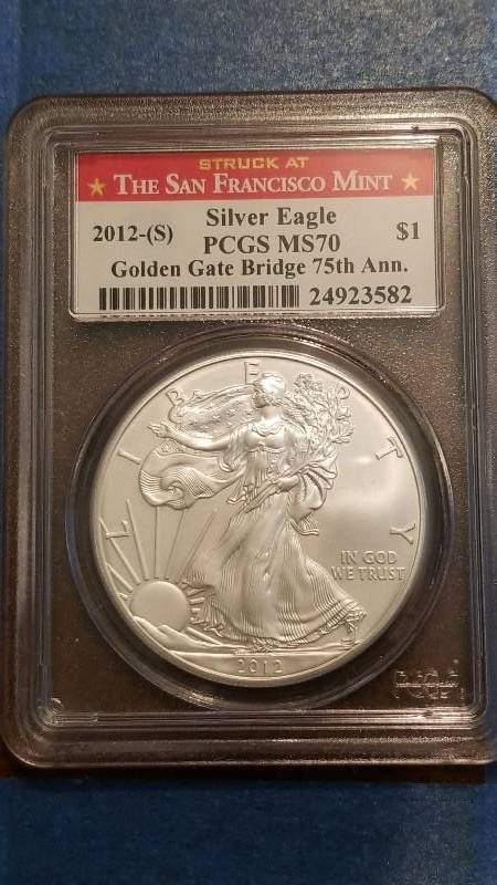 lot 88 image: 2012(S) Golden Gate Bridge 75th Anniv. American Silver Eagle San Francisco Mint MS 70