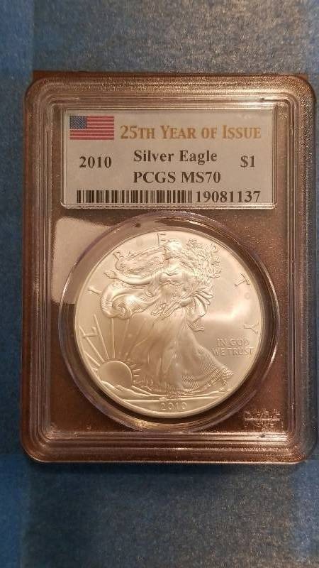 lot 785 image: 2010 American Silver Eagle MS 70 25th Year Issue