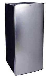 lot 33012 image: Koolatron Stainless Steel Compact Fridge with Freezer, 6.2 cu ft (176L), SilverBlack, Space-Saving Flat Back, 0.9 cu ft (25.5L) Freezer, Tempered Glass Shelves, Basement, Office, Cottage, Home Bar (Retail $431.00)