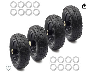 lot 33017 image: AR-PRO (4-Pack) Replacement Wheels 10 inch Flat Free Tire - Solid Flat-Free Tire and Wheel - 3 Wide Tires with 58 Axle Borehole and 2.1 Hub - Compatible with Garden Cart, Yard Cart and Farm Cart (Retail $59.99)