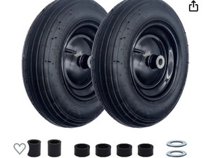 lot 33018 image: 2-Pack 14.5-Inch Wheelbarrow Tire.3.50-8 Pneumatic Tires and wheels with 3- 7 Center Hub and 58 Bushings for Wheelbarrow Lawn Mover Replacement (Retail $59.99)