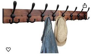 lot 33035 image: Wall Mounted Coat Rack, 38 x 4 12 Long, Entryway Hanging Coat Rack, Metal Wood Coat Rack with 8 Black Rustic Tri-Hooks Rail for Coat, Bag, Towel, Key, Hat, Umbrella (Retail $37.99)