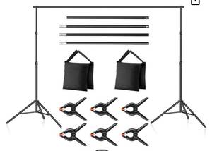 lot 33039 image: Photo Studio Backdrop Support System, Adjustable Background Stand with 4 Crossbars, 4 Backdrop Clamps, and 2 Sandbags, for Portrait & Studio Photography