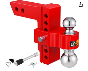 lot 33041 image: LOCAME Adjustable Trailer Hitch, Fits 2-Inch Receiver, 6-Inch Drop Aluminum 1-78 & 2 Tow Ball Drop Hitch,12,500 LBS GTW-Tow Hitch for Heavy Duty Truck with Double Stainless Locks, Red, LC0046(Retail $134.99)