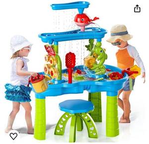 lot 33048 image: TEMI Kids Sand Water Table , 3-Tier Sand Table and Rain Showers Splash Pond Water Table Toys, Activity Sensory Play Table Beach Summer Outside Toy for Toddler Boys Girls (Retail $59.99)