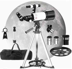 lot 33053 image: Telescope for Adults & Kids, 70mm Aperture 400mm Refractor Telescope (24X-180X) for Astronomy Beginners, Professional Travel Telescope with Adjustable Tripod Phone Adapter & Wireless Remote (White) (Retail $59.99)