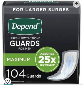 lot 33057 image: Depend Incontinence GuardsIncontinence Pads for MenBladder Control Pads, Maximum Absorbency, 168 Count (2 Packs of 84) (Retail $43.68)