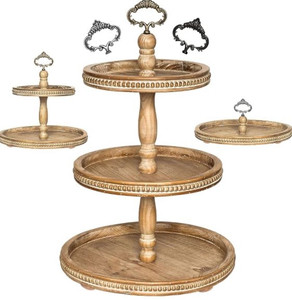 lot 33061 image: 3-in-1 Wooden Tiered Tray Stand - Large Beaded 3 Tiered Tray Decor Wood Cupcake Stand for Farmhouse Country Rustic Home - 3 Tier Stand with 3 Changeable Handles by Felt Creative Home Goods (Brown) (Retail $69.87)