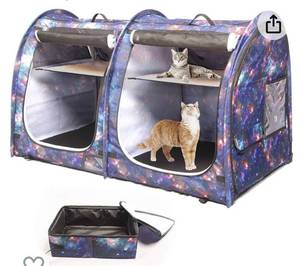 lot 33077 image: Mispace Portable Twin Compartment Show House Cat CageCondo - Easy to Fold & Carry Kennel - Comfy Puppy Home & Dog Travel Crate with Portable Carry BagTwo HammocksMats and Collapsible Litter Box (Retail $149.99)