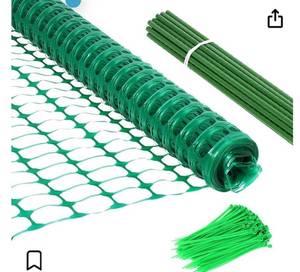 lot 33092 image: Temporary Garden Fence, Snow Fence, Plastic Safety Fence 4�� x100�� with 25 Steel Fence Stakes & Zip Ties ��Temporary Fencing,Plastic Netting Mesh Barrier for Dogs Chickens, Small Animal and Plants (Retail $59.99)