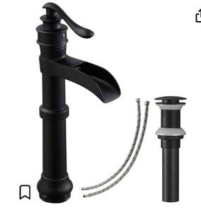 lot 33094 image: Vessel Sink Faucet Matte Black Bathroom Waterfall Tall 1 Hole Farmhouse with Pop Up Without Overflow Drain Lavatory Single Handle Farmhouse (Retail $69.99)