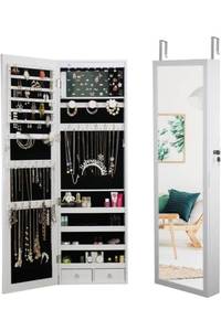 lot 1829 image: MASMIRE 8 LED Lights Jewelry Armoire with Mirror - 47.3 H Mirror Jewelry Cabinet Door HangingWall Mounted Mirror With Storage And 2 Drawers - Off-White